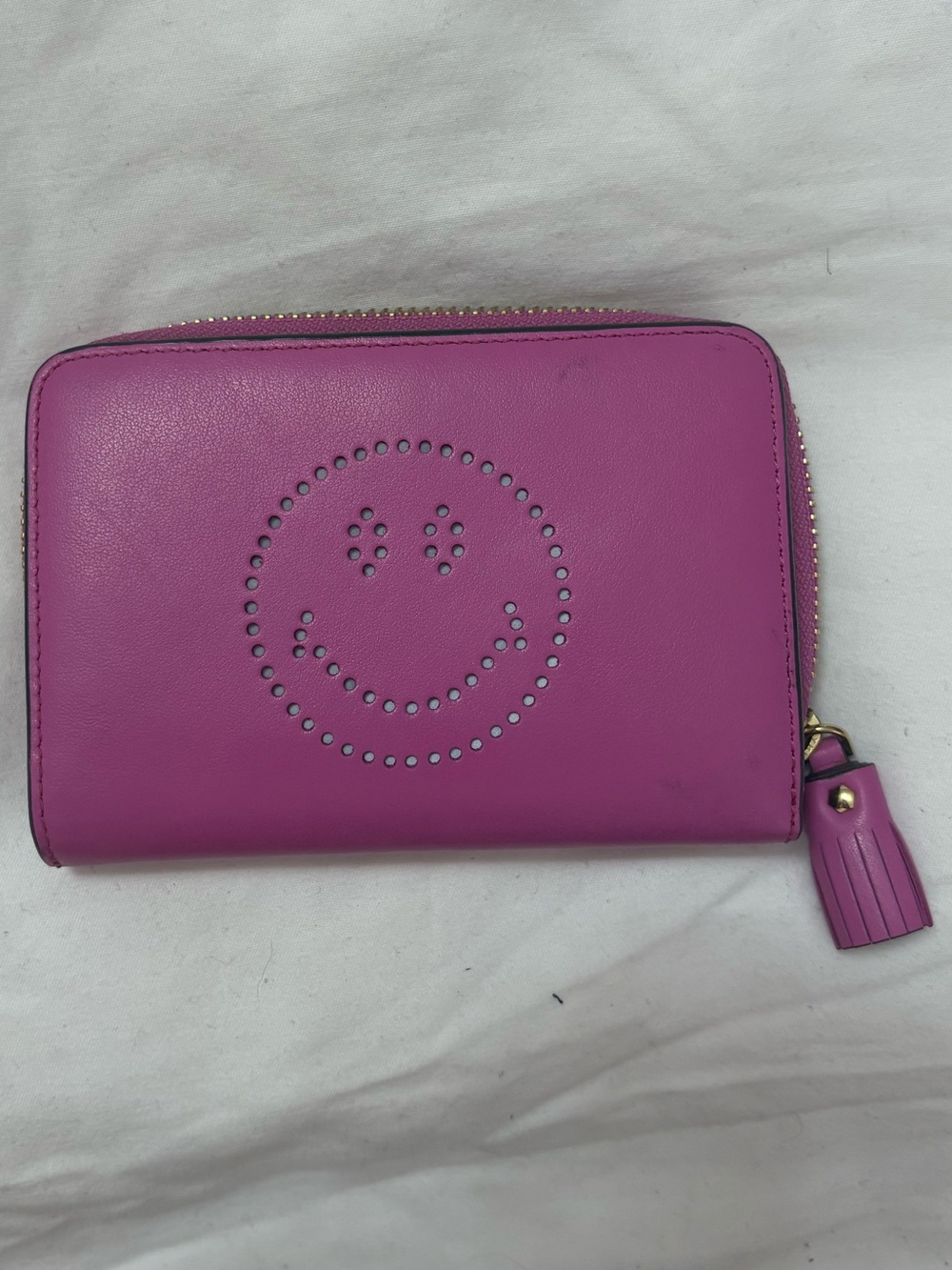 Anya Hindmarch Pink Leather Zip Wallet with Smiley Perforation